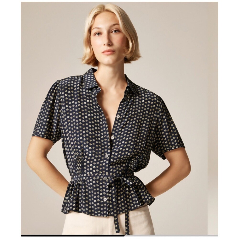 NEW J.Crew Size 2 Button Up Tie Waist Shirt Floral Print Navy White CN487 $148